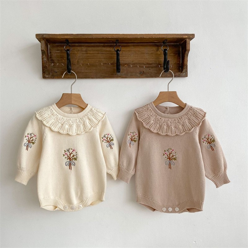 Newborn Baby Girl Romper Floral - 신생아 뜨개질 롬퍼 소녀 연꽃 칼라