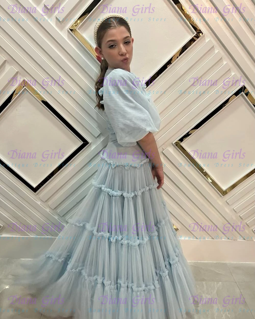 Toddler Girl Tulle Party Dress - 우아한 품질의 연한 파란색 플라워 걸