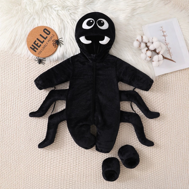Cotton Baby Onesies Zipper - 신생아용 블랙 스파이더 롬퍼 긴소매 후드