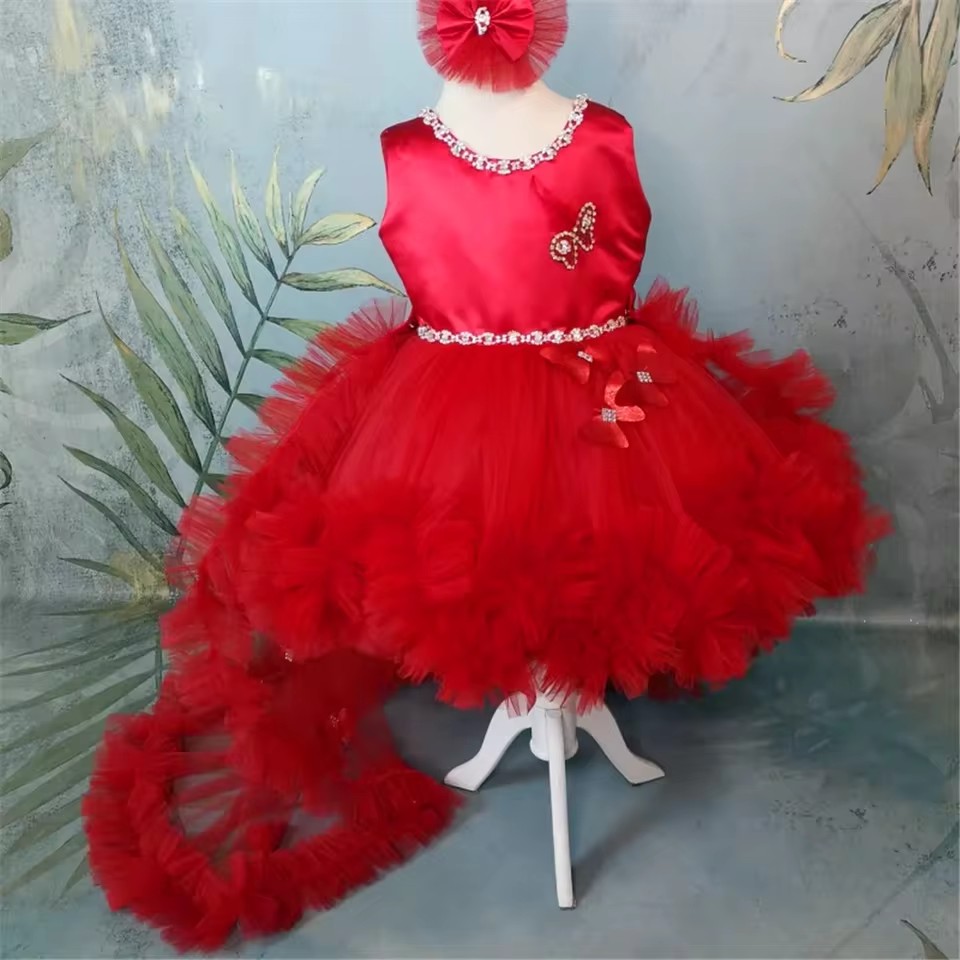 결혼식을위한 맞춤형 빨간 꽃의 소녀 드레스 활이 달린  - Toddler Girl Tulle Party Dress 리뷰 및 가격